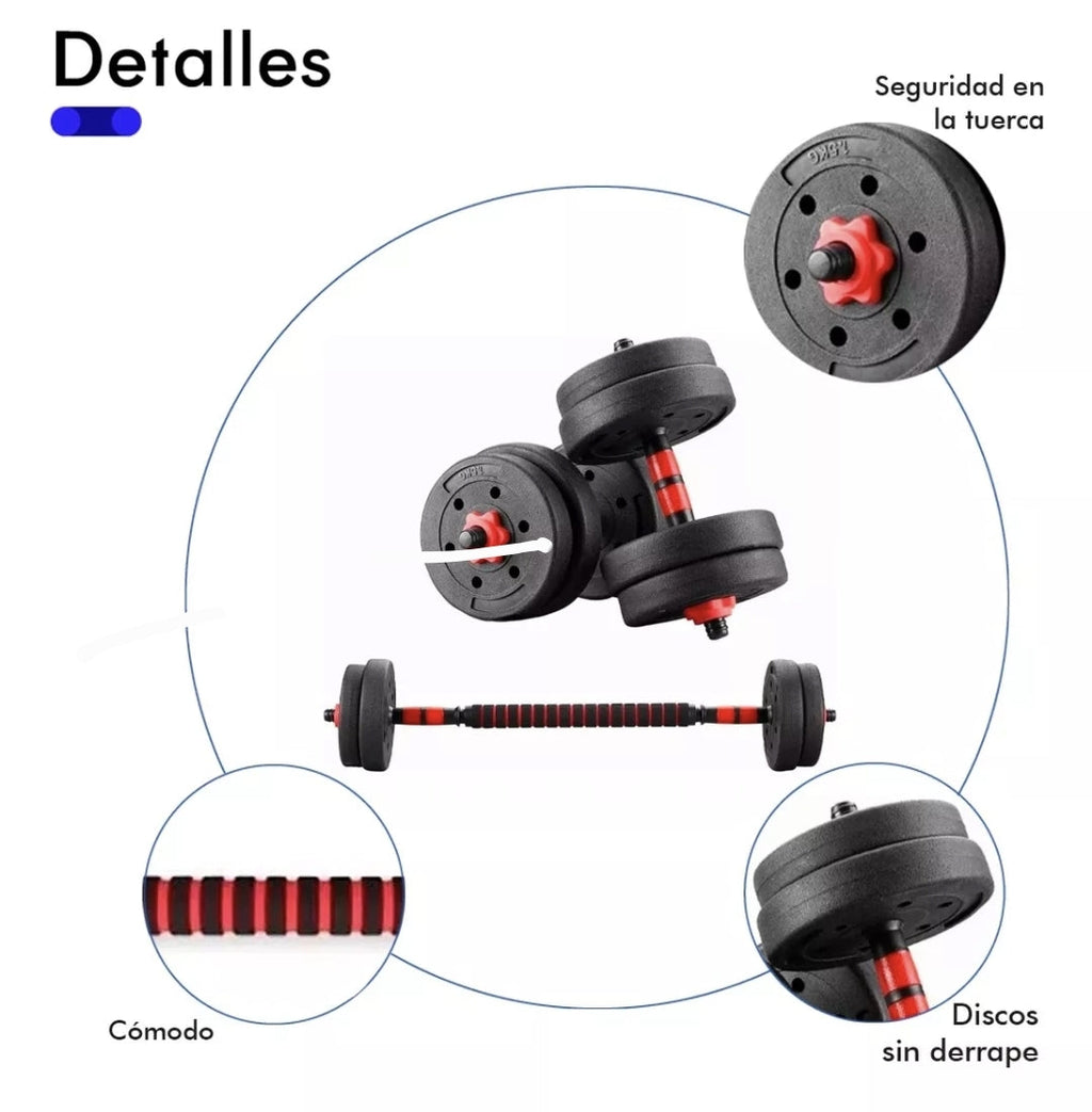 Kit mancuernas, pesas y barra recta  ajustables 15kg