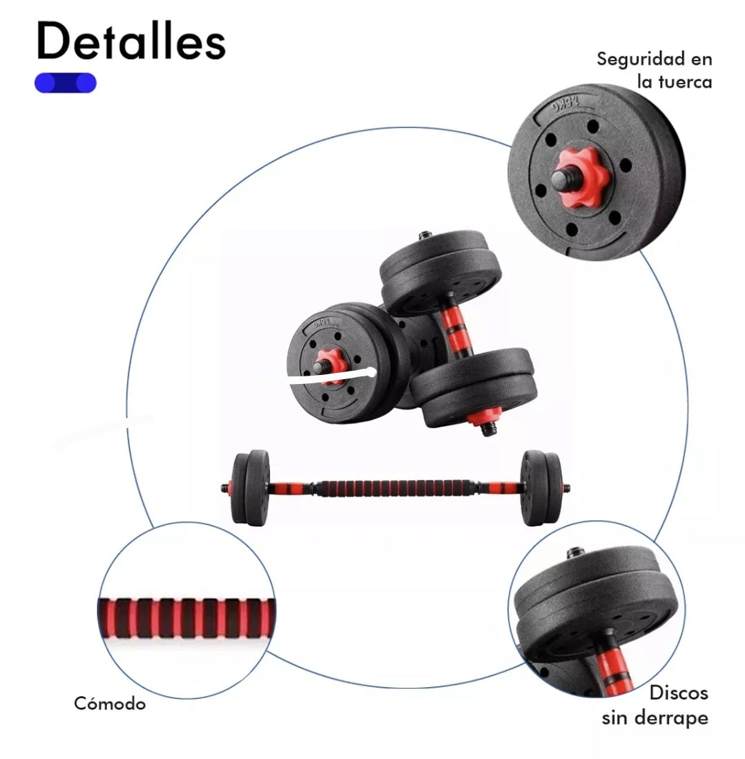 Kit mancuernas, pesas y barra recta  ajustables 15kg