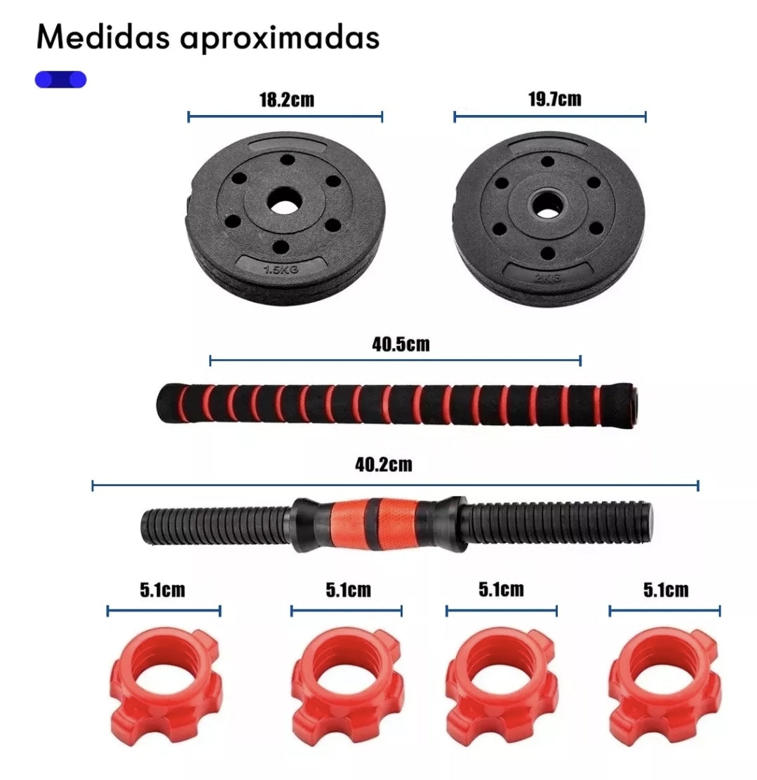 Kit mancuernas, pesas y barra recta  ajustables 15kg