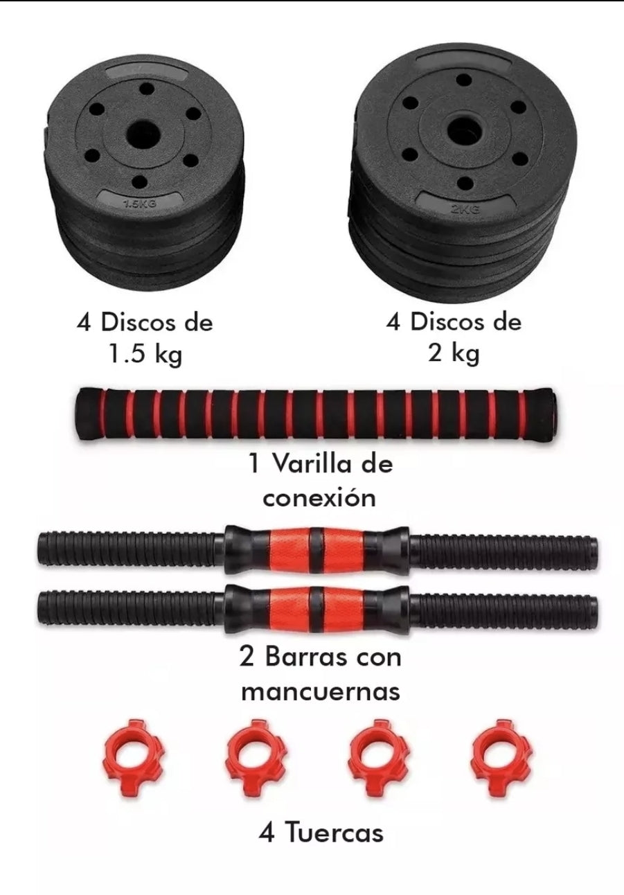 Kit mancuernas, pesas y barra recta  ajustables 15kg
