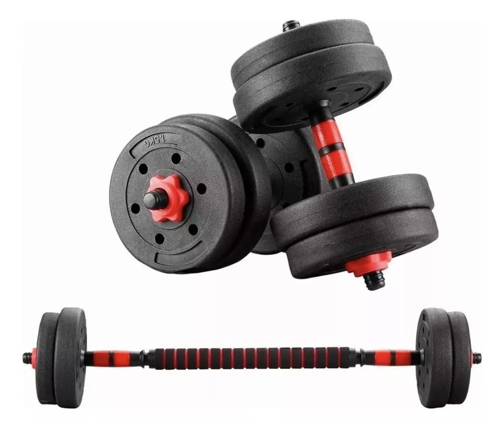 Kit mancuernas, pesas y barra recta  ajustables 15kg